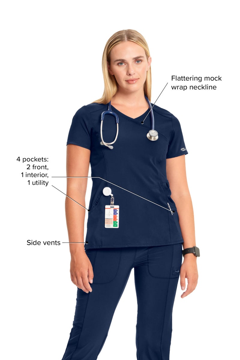 Cherokee Infinity Womens Mock Wrap Scrub Top, 4 Pockets, Rib-Knit Panel, Moisture-Wicking 360Â° Stretch - 2625A, L, Navy - Image 4